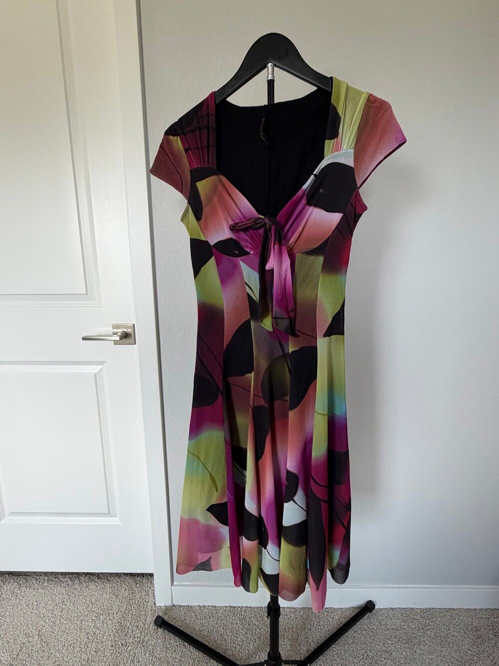 Elana Kattan Abstract Print Tie Front Fit & Flare Dress Made in USA Y2K Artsy